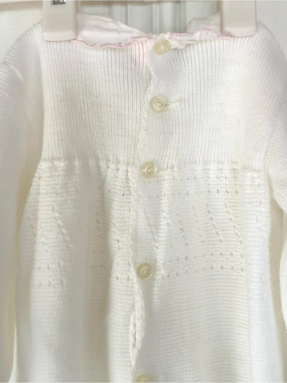 Renzo Vintage Classic White Knit Footed One-Piece with Pink Duck Collar Trim